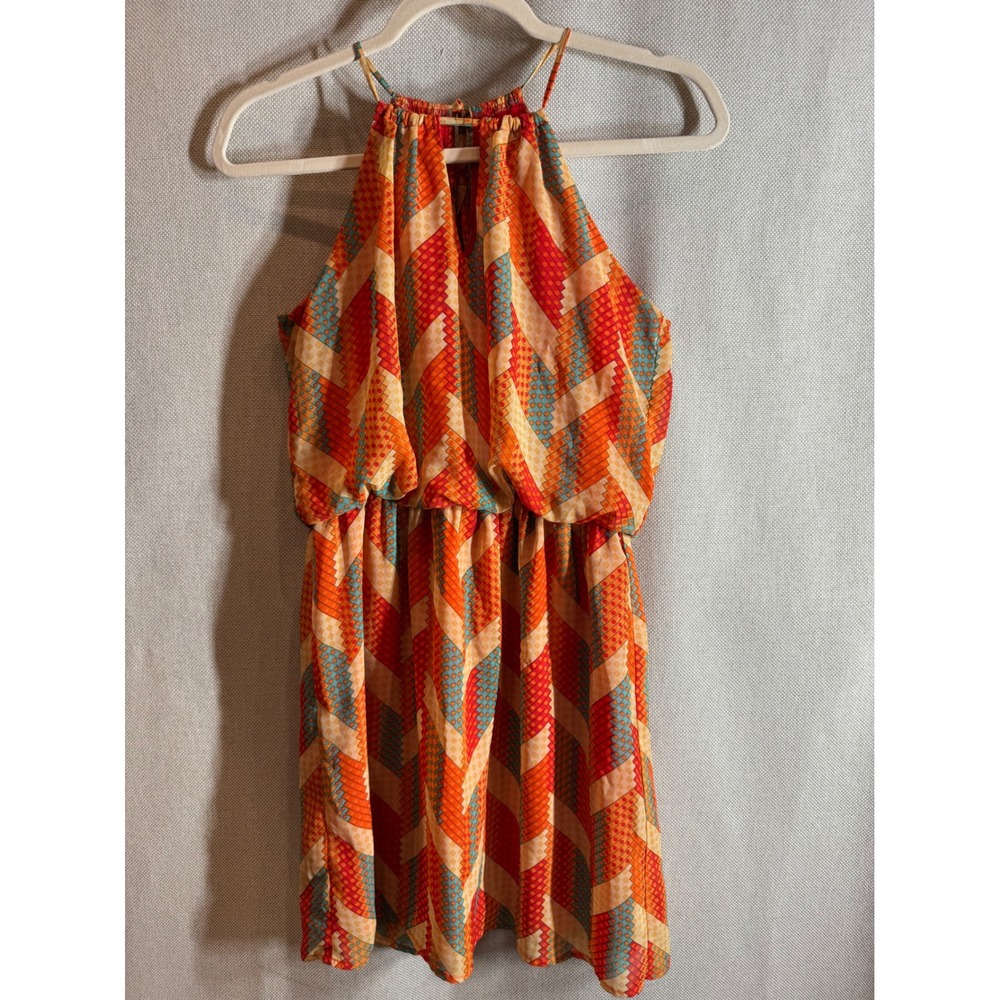 City Triangles Womens Small Halter Dress Orange Geo Print Sleeveless Lined